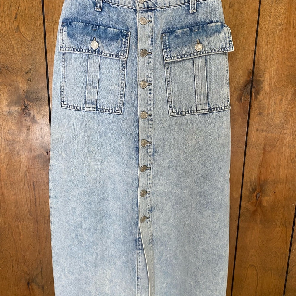 We The Free Light Blue Button-Front Denim A-Line Skirt